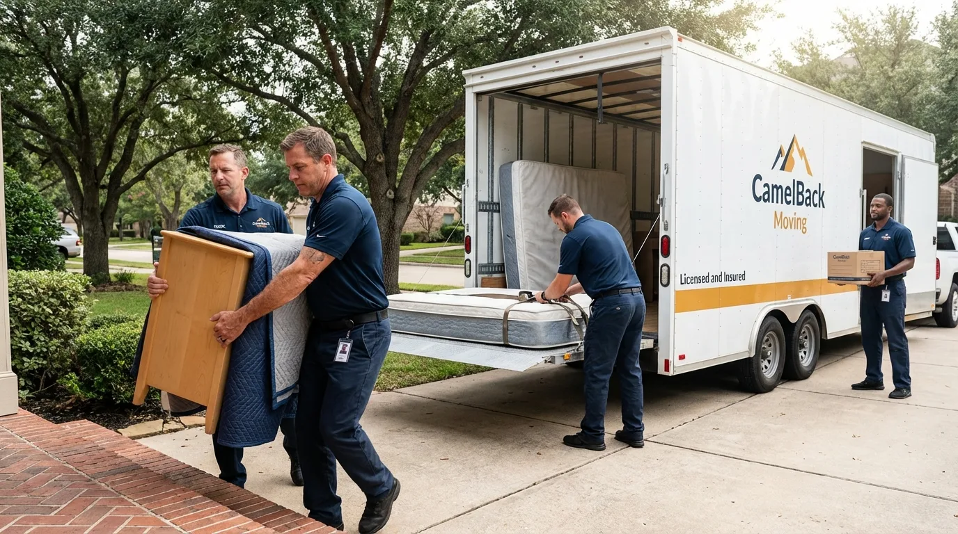 Crew loading residential truck for cross-state move from Northwood, IA