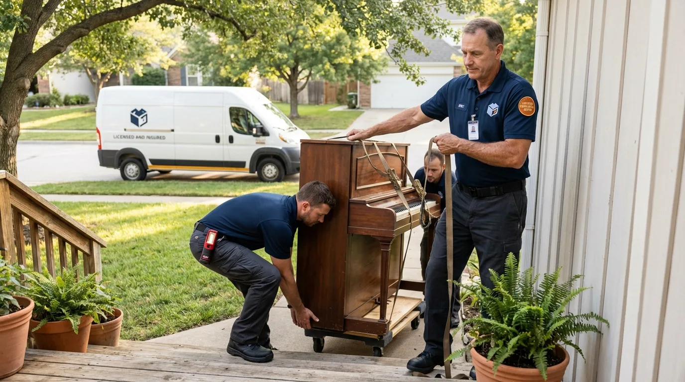Licensed piano movers securing grand piano in Northwood, IA