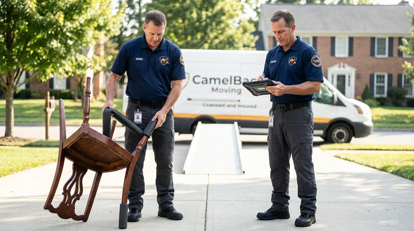Movers inspecting furniture for damage prevention before loading in Northwood, IA