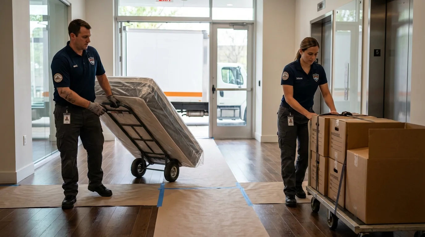 Professional apartment movers loading elevator in Northwood, IA