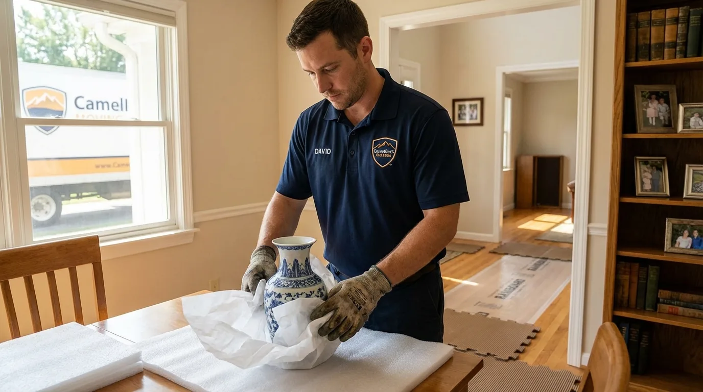 Professional crew carefully wrapping antique vase for senior downsizing move in Northwood, IA