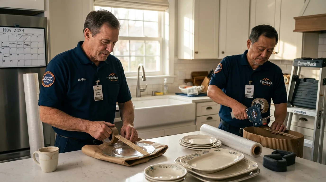 Professional crew packing kitchen dishware in Northwood, IA
